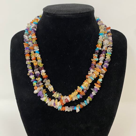 925 Multi Gemstone INDIA Silver Long Necklace Amethyst Turquoise Citrine 48" L - Picture 1 of 10